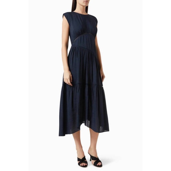 FRAME Women's Apothea Gathered Seam Lace Inset‎ Dress Navy Linen Blend Size XS - Picture 1 of 12